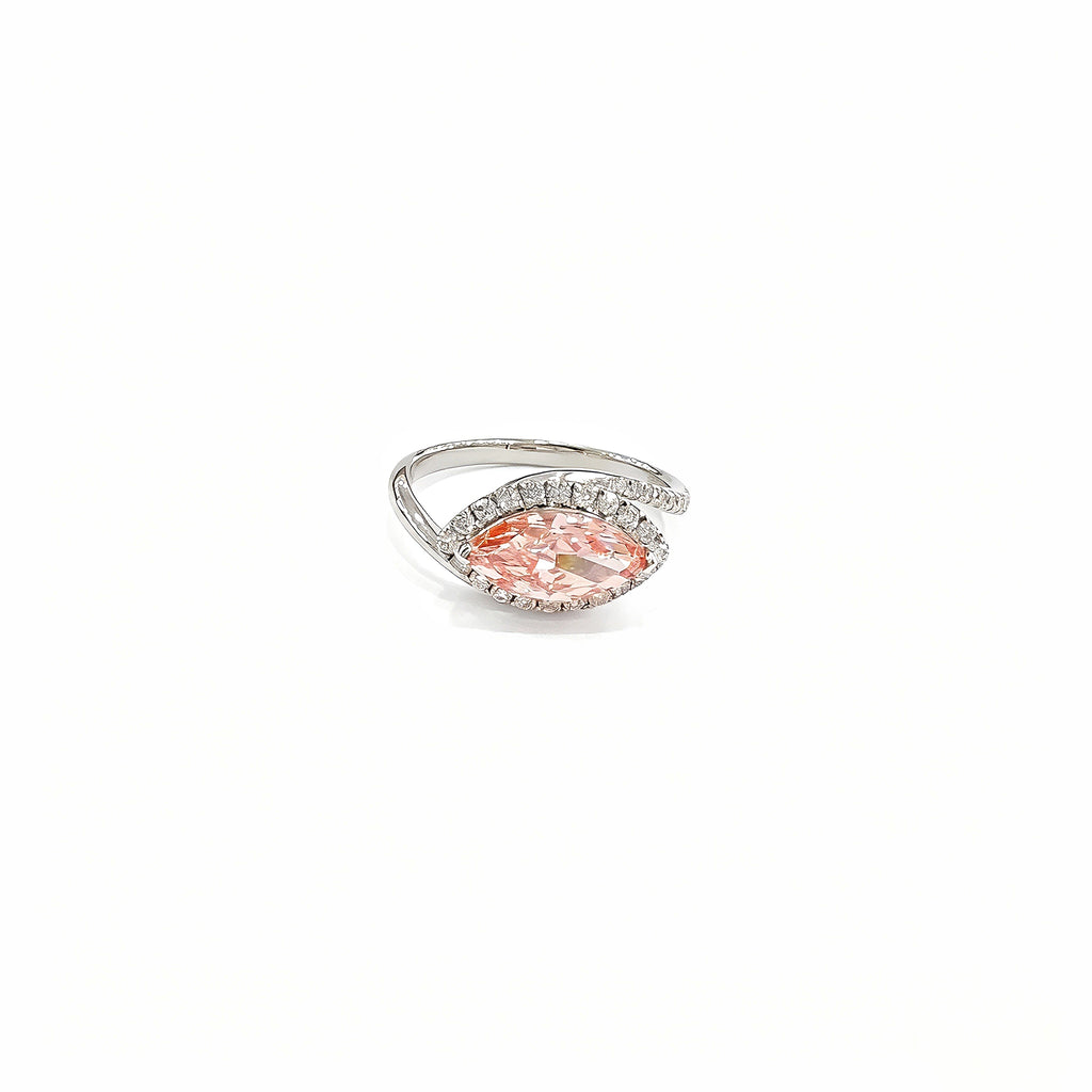 18K White Gold Lab-Grown Fancy Vivid Pink Diamond Marquise Halo Ring - White Background Front View
