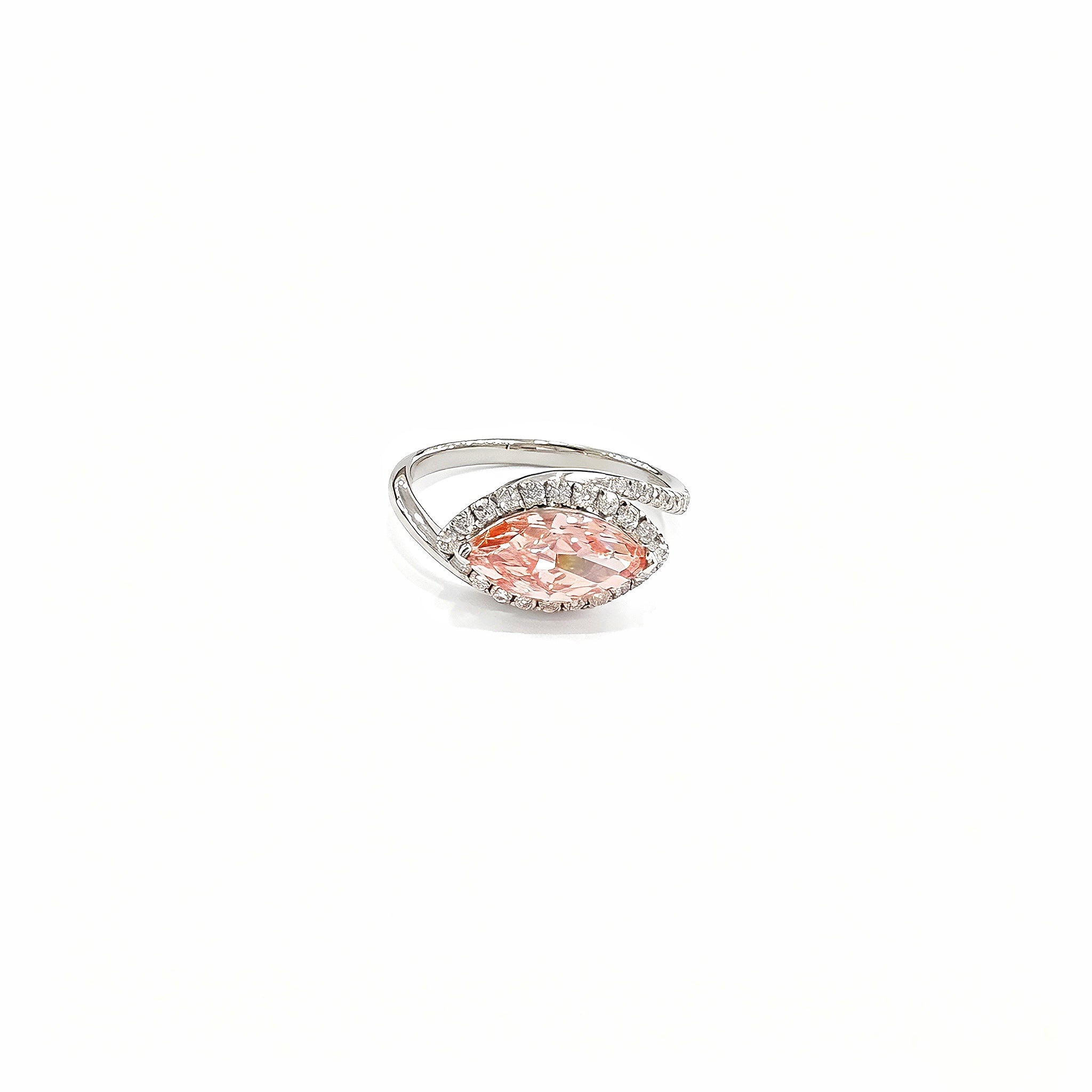 18K White Gold Lab-Grown Fancy Vivid Pink Diamond Marquise Halo Ring - White Background Front View