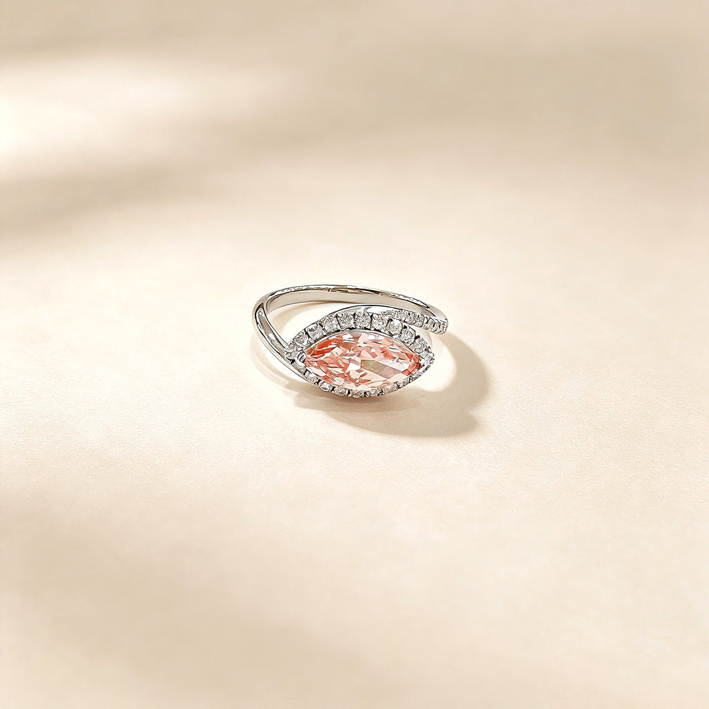 18K White Gold Lab-Grown Fancy Vivid Pink Diamond Marquise Halo Ring - Low Angle View