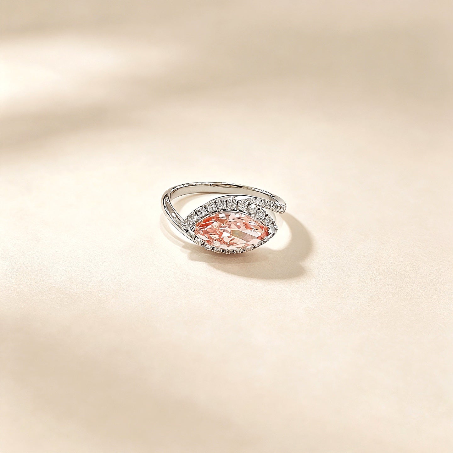 18K White Gold Lab-Grown Fancy Vivid Pink Diamond Marquise Halo Ring - Low Angle View