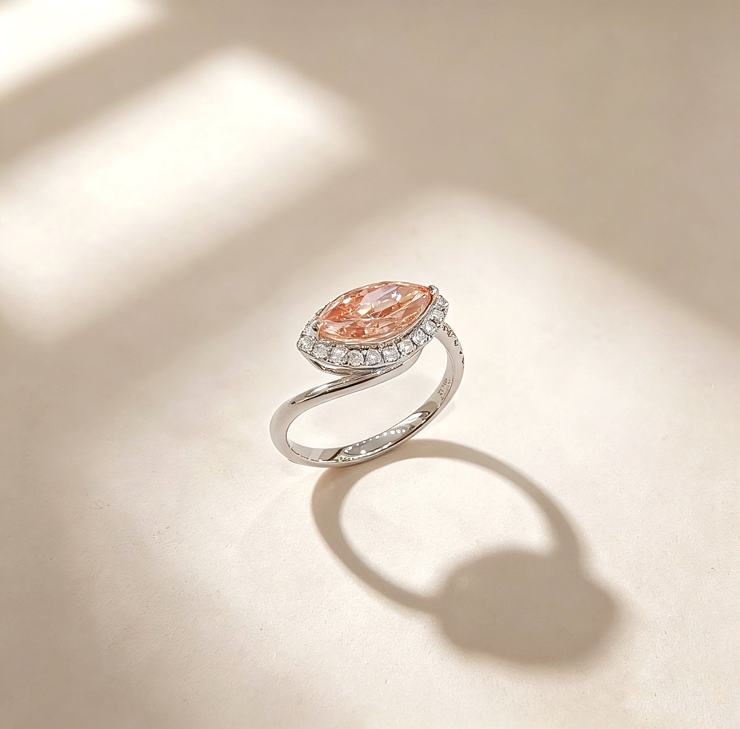 18K White Gold Lab-Grown Fancy Vivid Pink Diamond Marquise Halo Ring - Elevated Front View