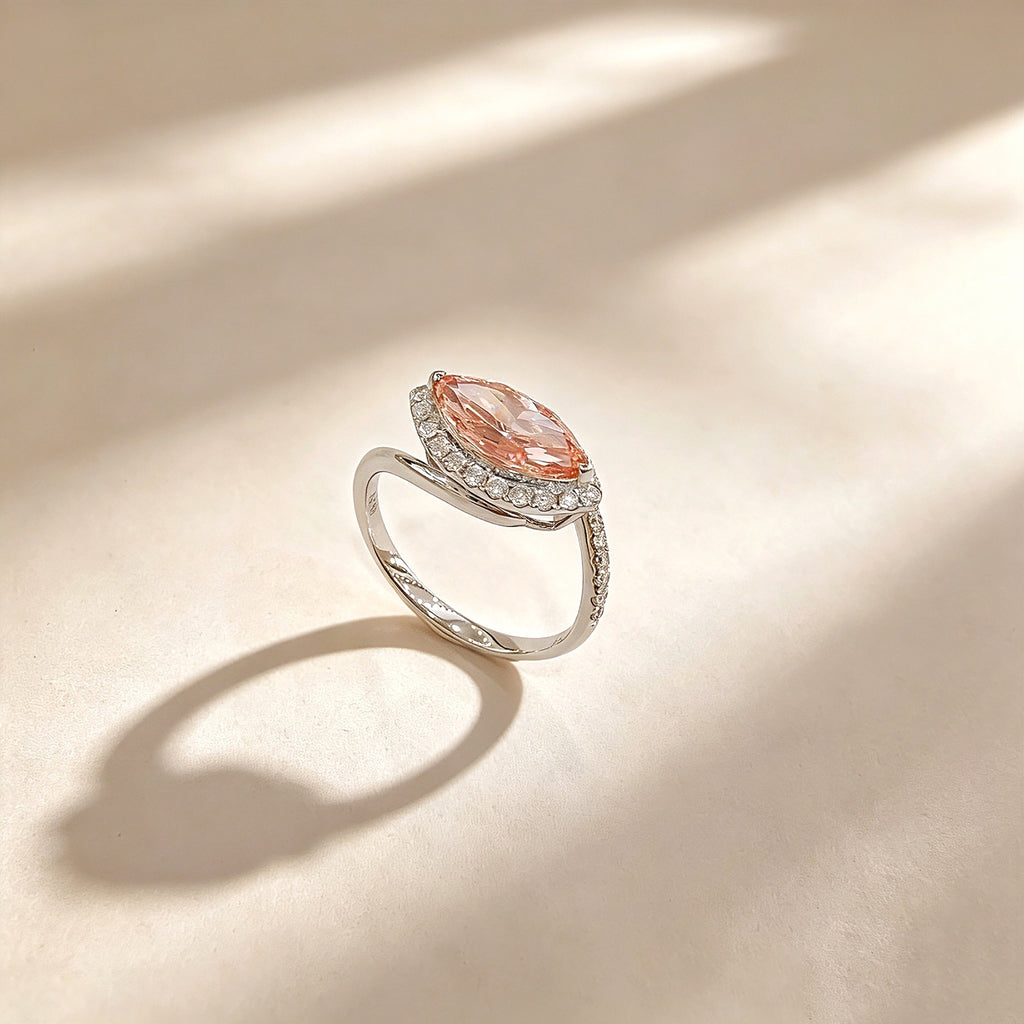 18K White Gold Lab-Grown Fancy Vivid Pink Diamond Marquise Halo Ring - Side Elevated View