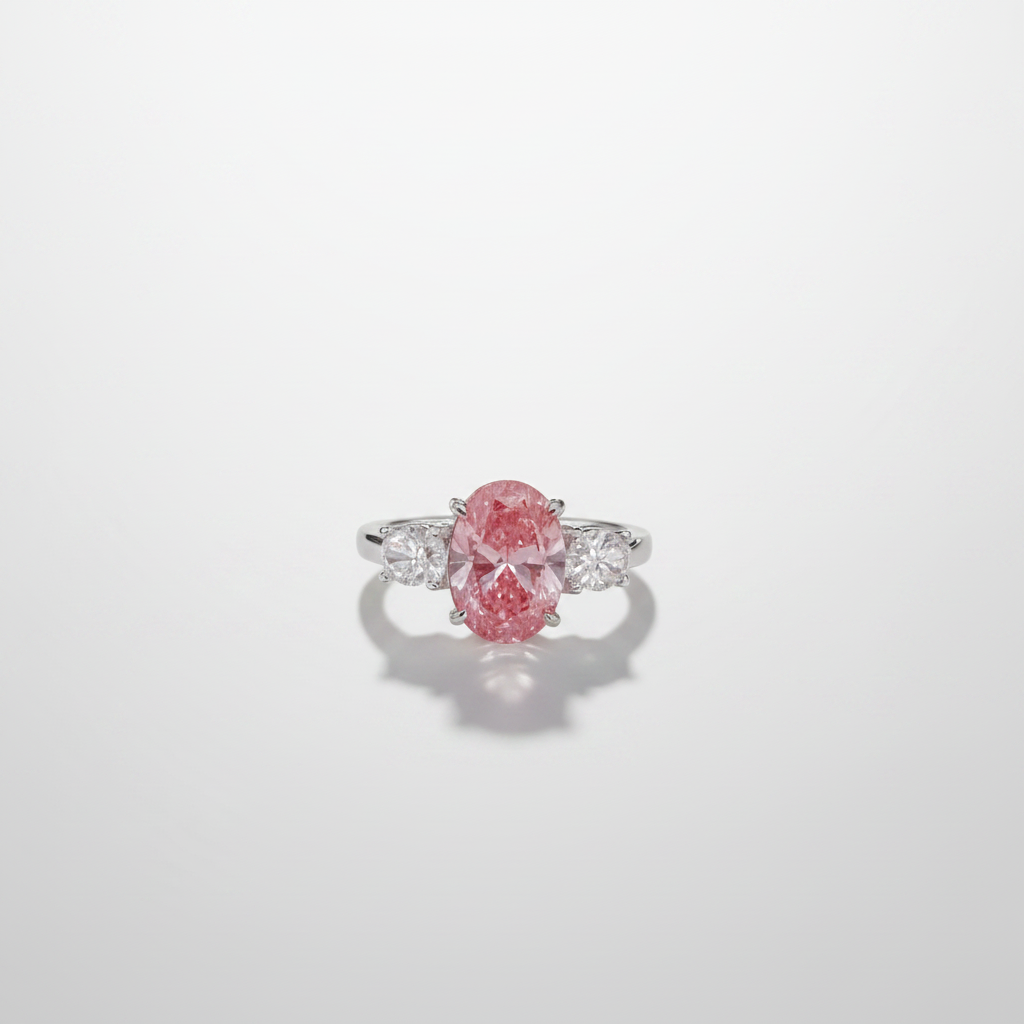 18K White Gold Lab-Grown Pink Diamond Oval Three-Stone Ring - Top View