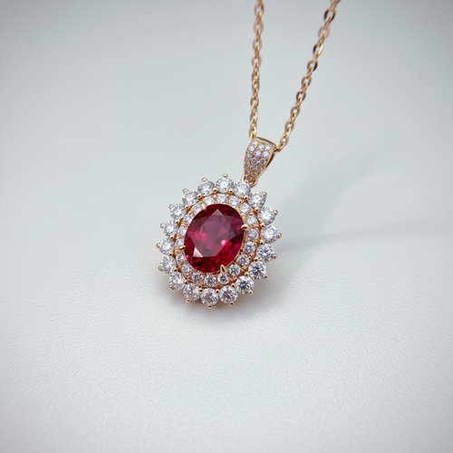 18K Rose Gold Lab-Grown Ruby Double Halo Pendant Necklace - 45 degree view