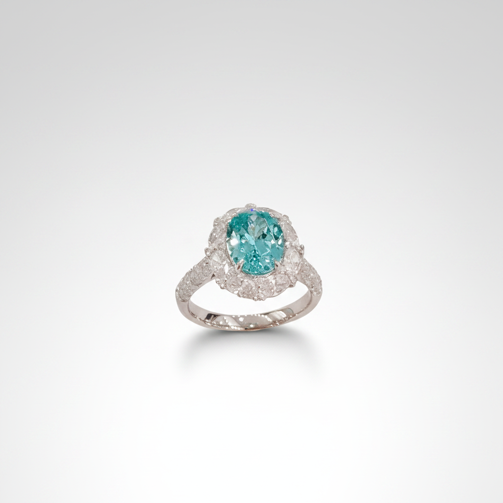 Teal Diamond Oval Halo White Gold Ring - Front View