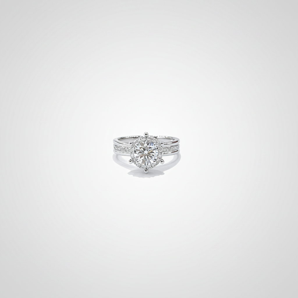 18K White Gold Lab-Grown Diamond IGI Six-Prong Halo Ring - 45 Degree View