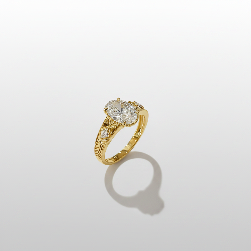 18K Yellow Gold Lab-Grown Diamond Oval Vintage Ring - 45 Degree View