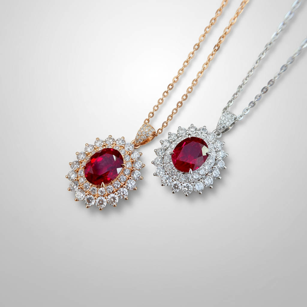 18K Lab-Grown Ruby Double Halo Diamond Necklace - White Gold & Rose Gold Comparison