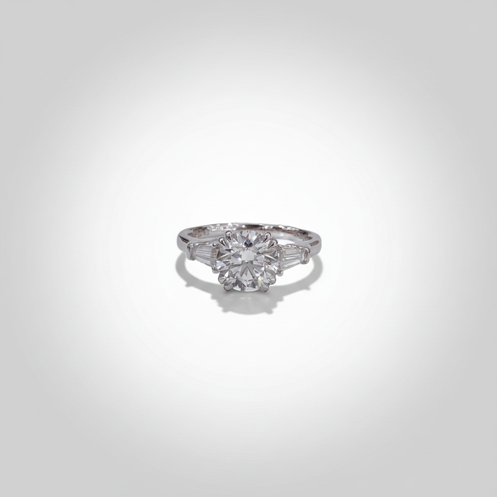 PT950 Lab-Grown Diamond Three-Stone Tapered Baguette Ring - Flat Diagonal View