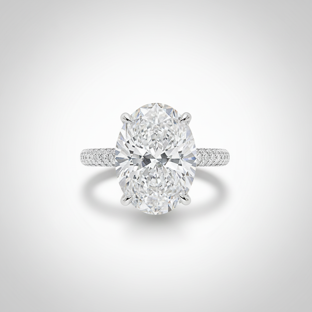18K White Gold IGI Lab-Grown Oval Diamond Pavé Ring 5.05ct - top view