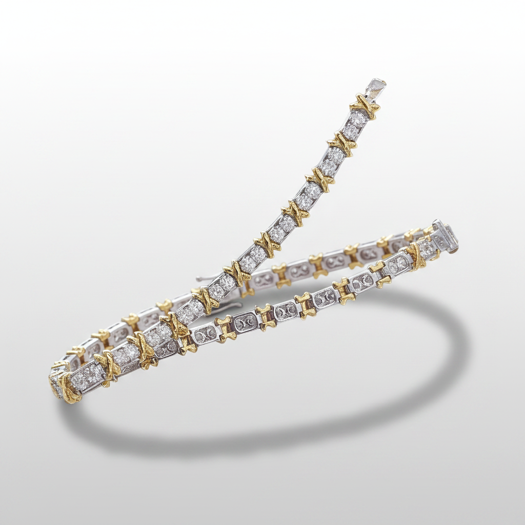 18K Two-Tone Lab-Grown Diamond X-Link Tennis Bracelet - Detail View