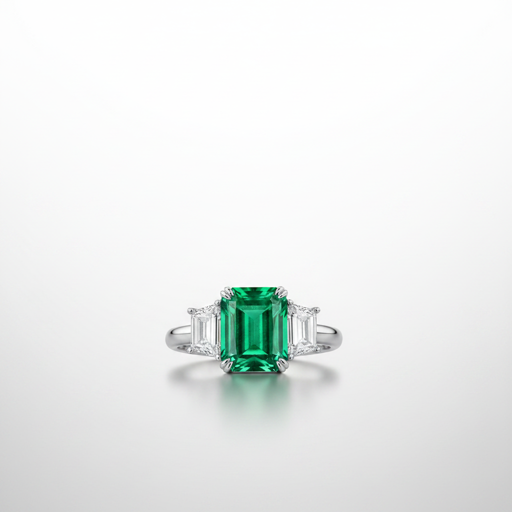 PT950 Lab-Grown Emerald Three-Stone Ring - Front View