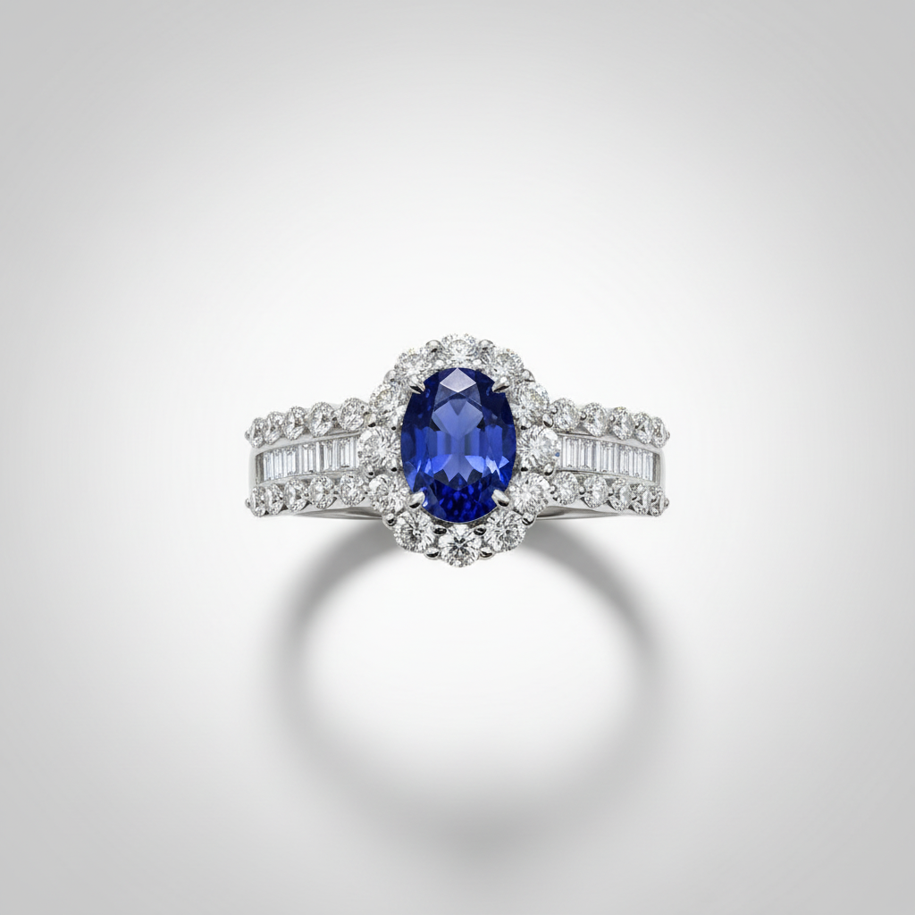 18K White Gold Lab-Grown Sapphire Halo Ring - top view