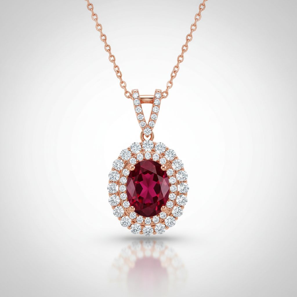 18K Rose Gold Lab-Grown Ruby Double Halo Pendant Necklace - front view