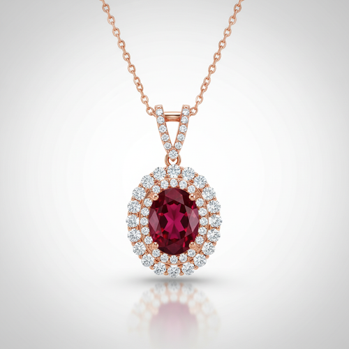 18K Rose Gold Lab-Grown Ruby Double Halo Pendant Necklace - front view