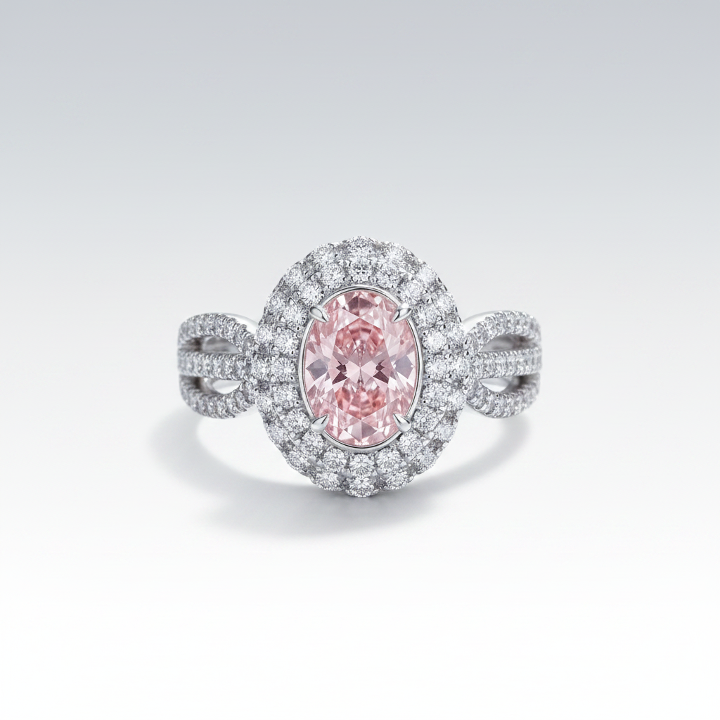 18K White Gold Pink Diamond Oval Halo Ring - Front View