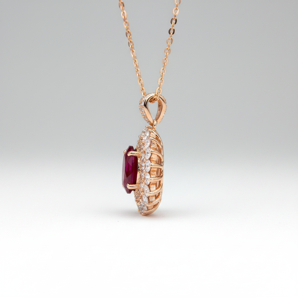 18K Rose Gold Lab-Grown Ruby Double Halo Pendant Necklace - side view