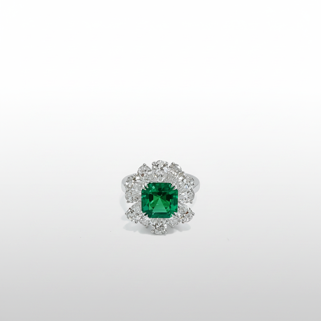 18K White Gold Lab-Grown Emerald Cluster Halo Ring - top view