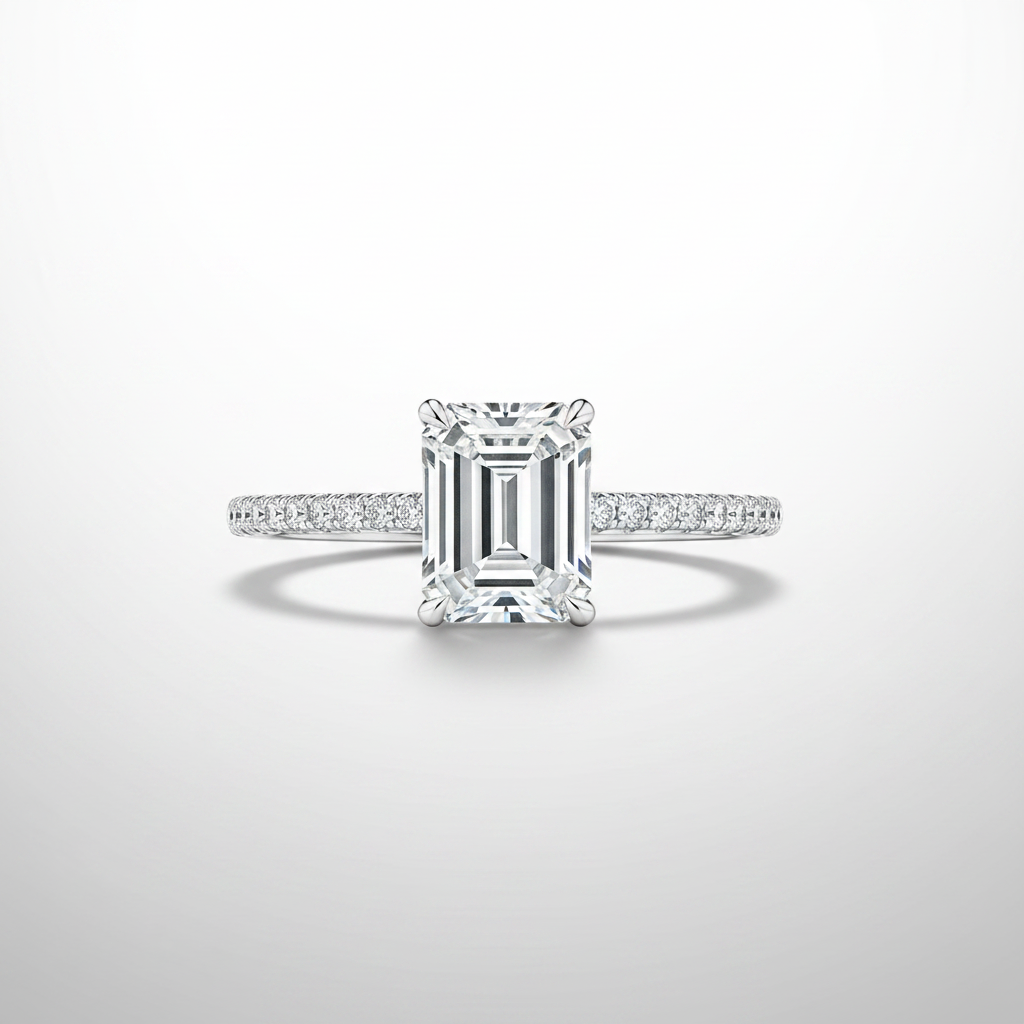 18K White Gold IGI Lab-Grown Emerald Cut Diamond Pavé Ring - front view