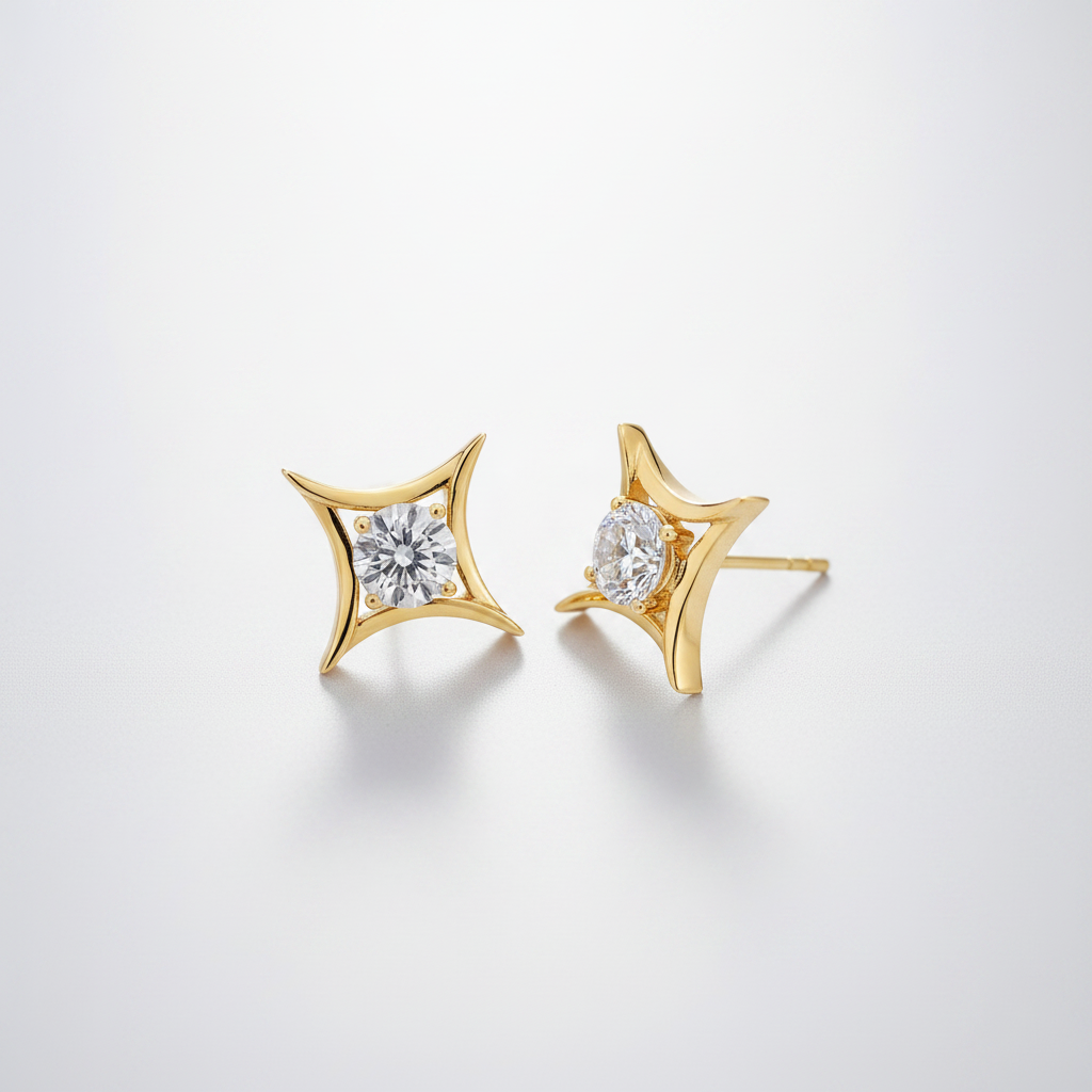 18K Yellow Gold Lab-Grown Diamond Star Stud Earrings - 45 degree view