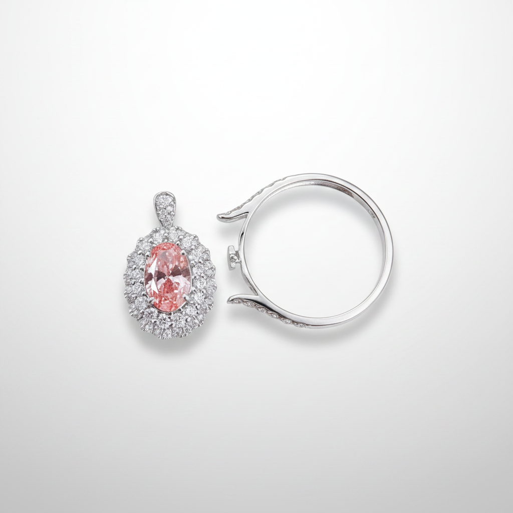 18K White Gold Lab-Grown Pink Diamond Convertible Ring & Pendant - Two-Way Flat Lay View