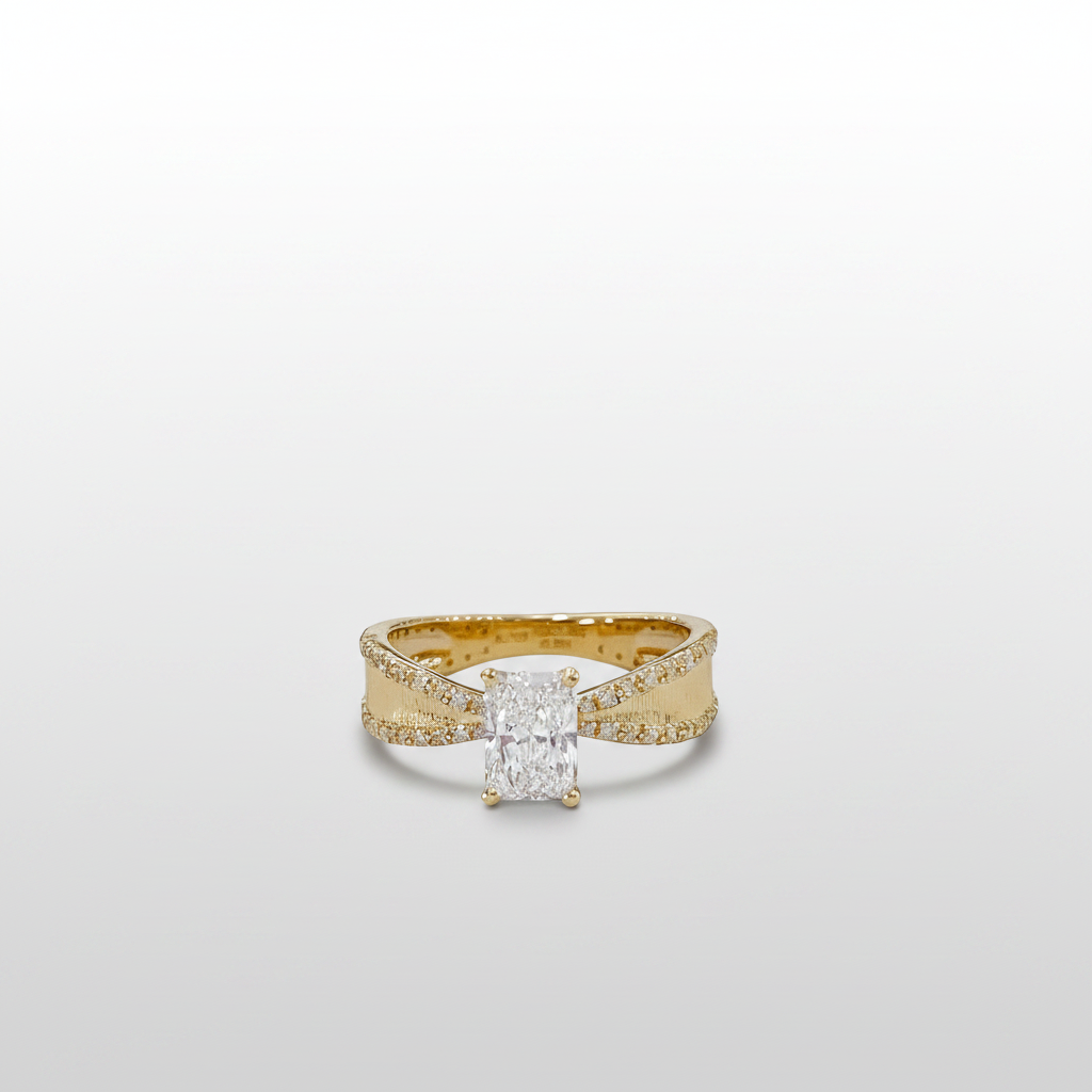 18K Yellow Gold Lab-Grown Diamond Radiant Cut Brushed Vintage Ring - Front View