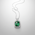 18K White Gold Emerald Diamond Halo Necklace - Front View