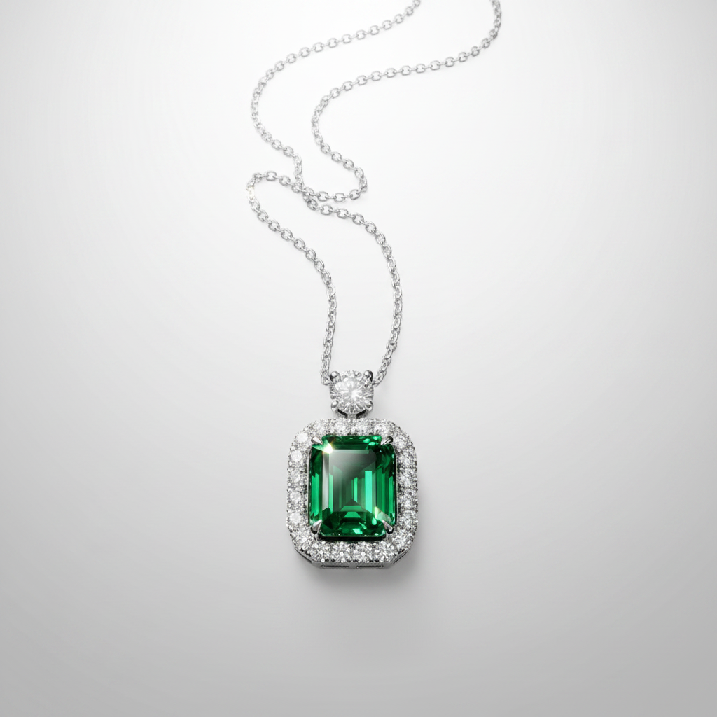 18K White Gold Emerald Diamond Halo Necklace - Front View