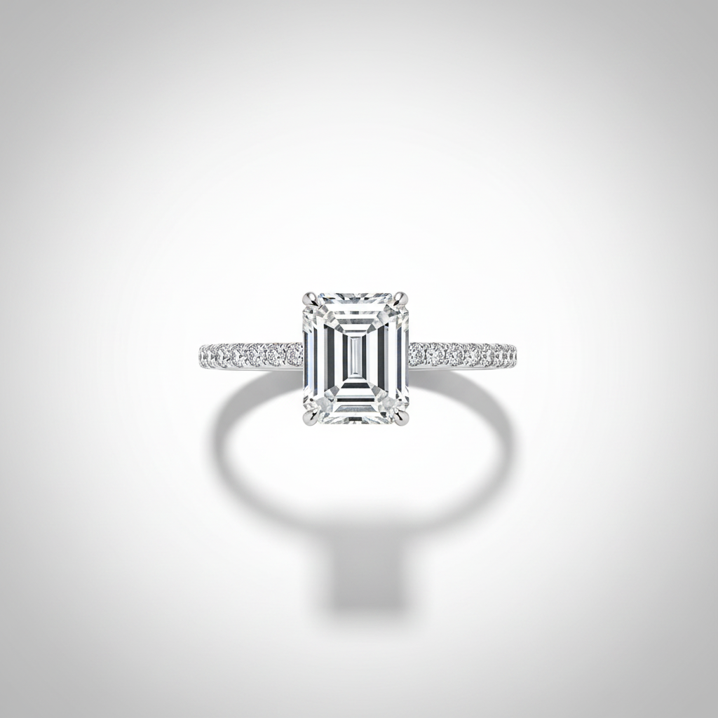 18K White Gold IGI Lab-Grown Emerald Cut Diamond Pavé Ring - top view