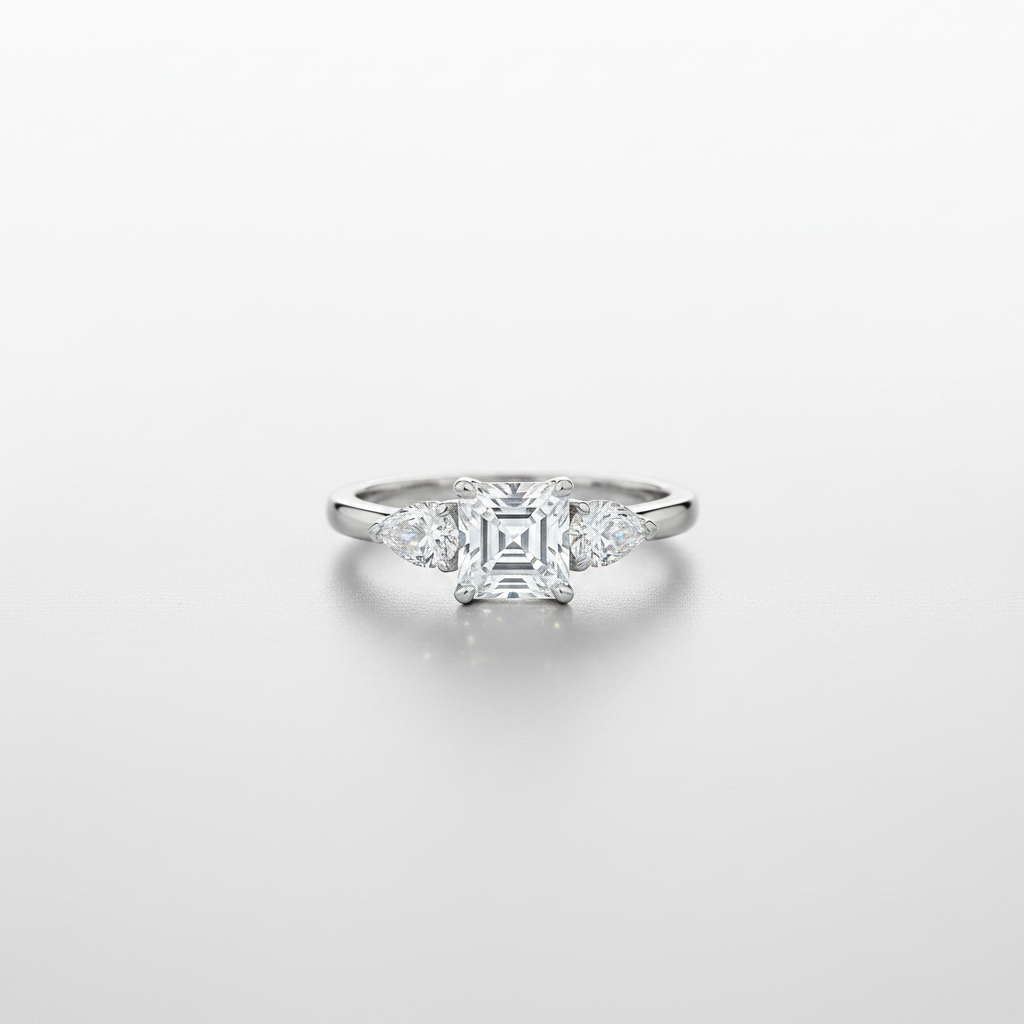 18K White Gold IGI Lab-Grown Diamond Asscher Three-Stone Ring - front view