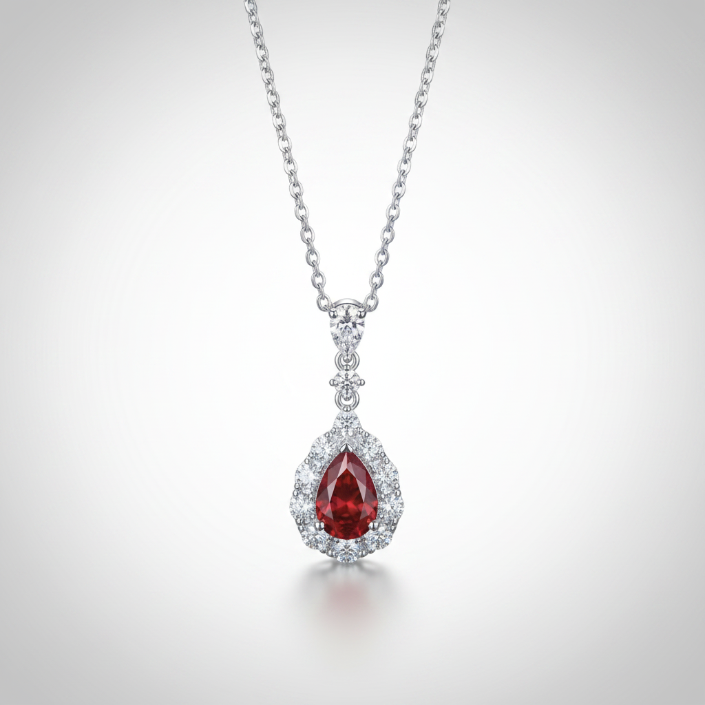 18K White Gold Ruby Diamond Halo Drop Necklace - Top View