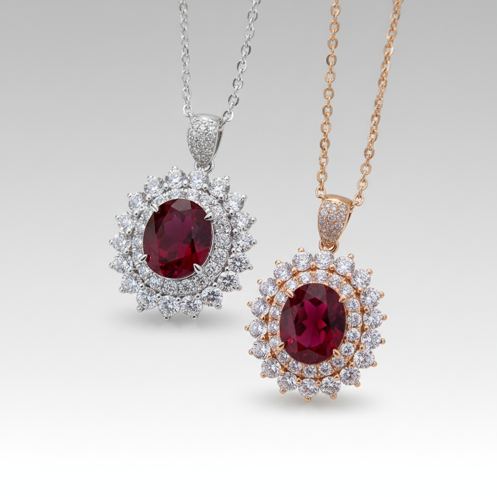 18K Lab-Grown Ruby Double Halo Diamond Necklace - Top View Both Colors