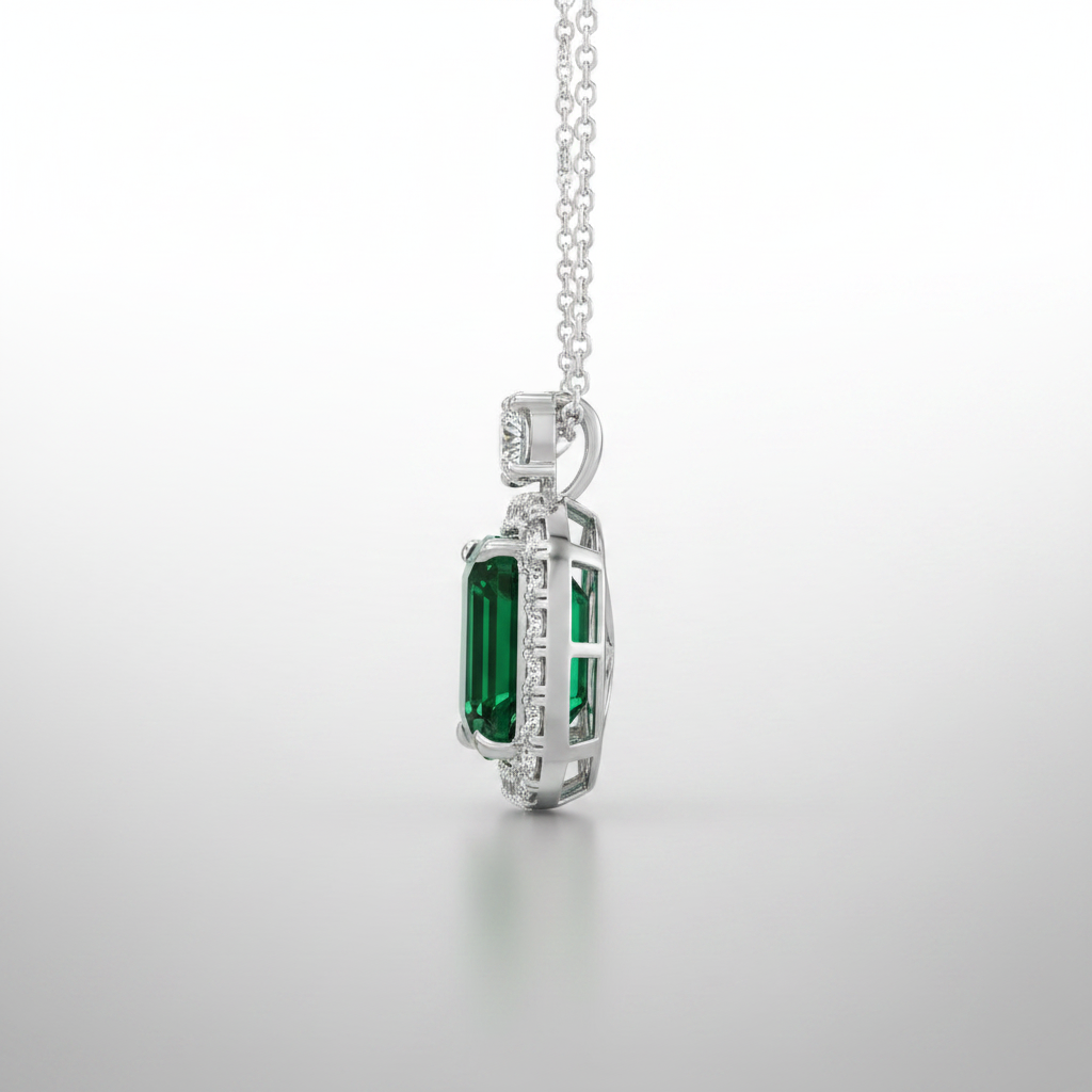 18K White Gold Emerald Diamond Halo Necklace - Side View
