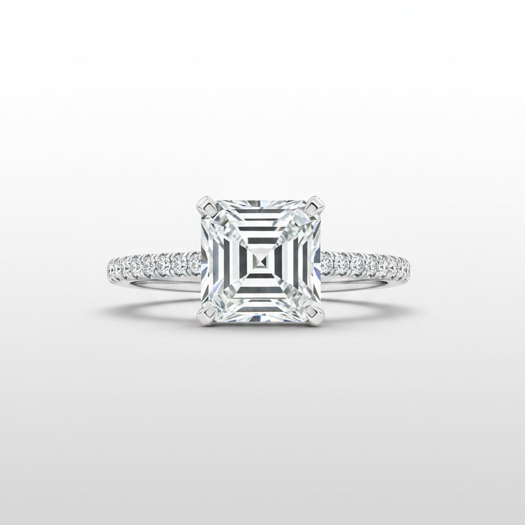 18K White Gold IGI Lab-Grown Asscher Cut Diamond Pavé Ring - front view