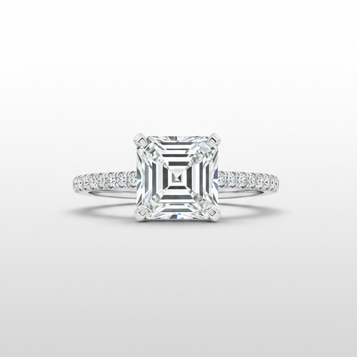 18K White Gold IGI Lab-Grown Asscher Cut Diamond Pavé Ring - front view