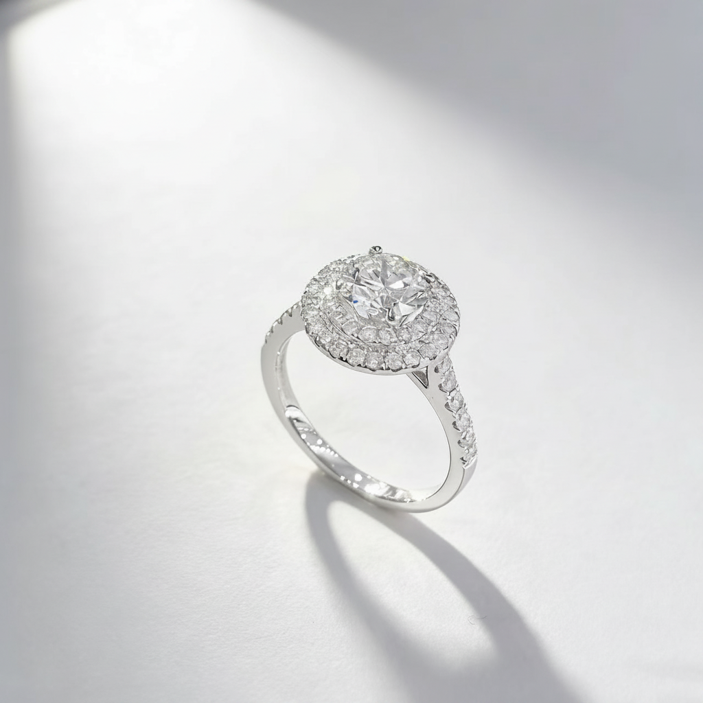 18K White Gold Lab-Grown Diamond Double Halo Ring - 45 Degree View
