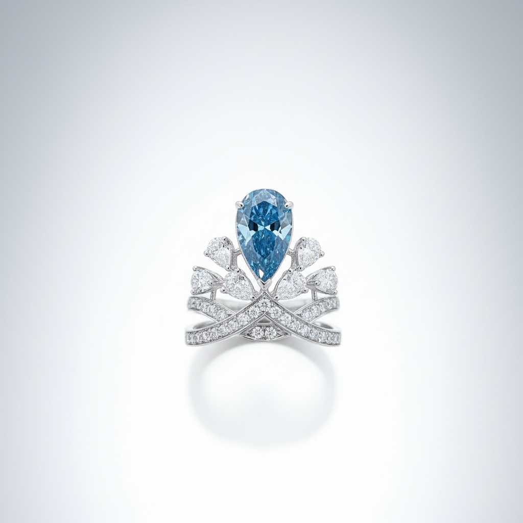 18K White Gold IGI Lab-Grown Blue Diamond Pear Crown Ring - top view