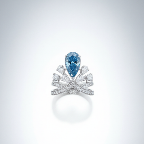 18K White Gold IGI Lab-Grown Blue Diamond Pear Crown Ring - top view