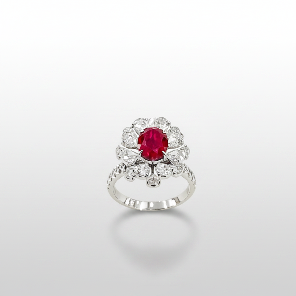 18K White Gold Lab-Grown Ruby Oval Halo Ring - Side View