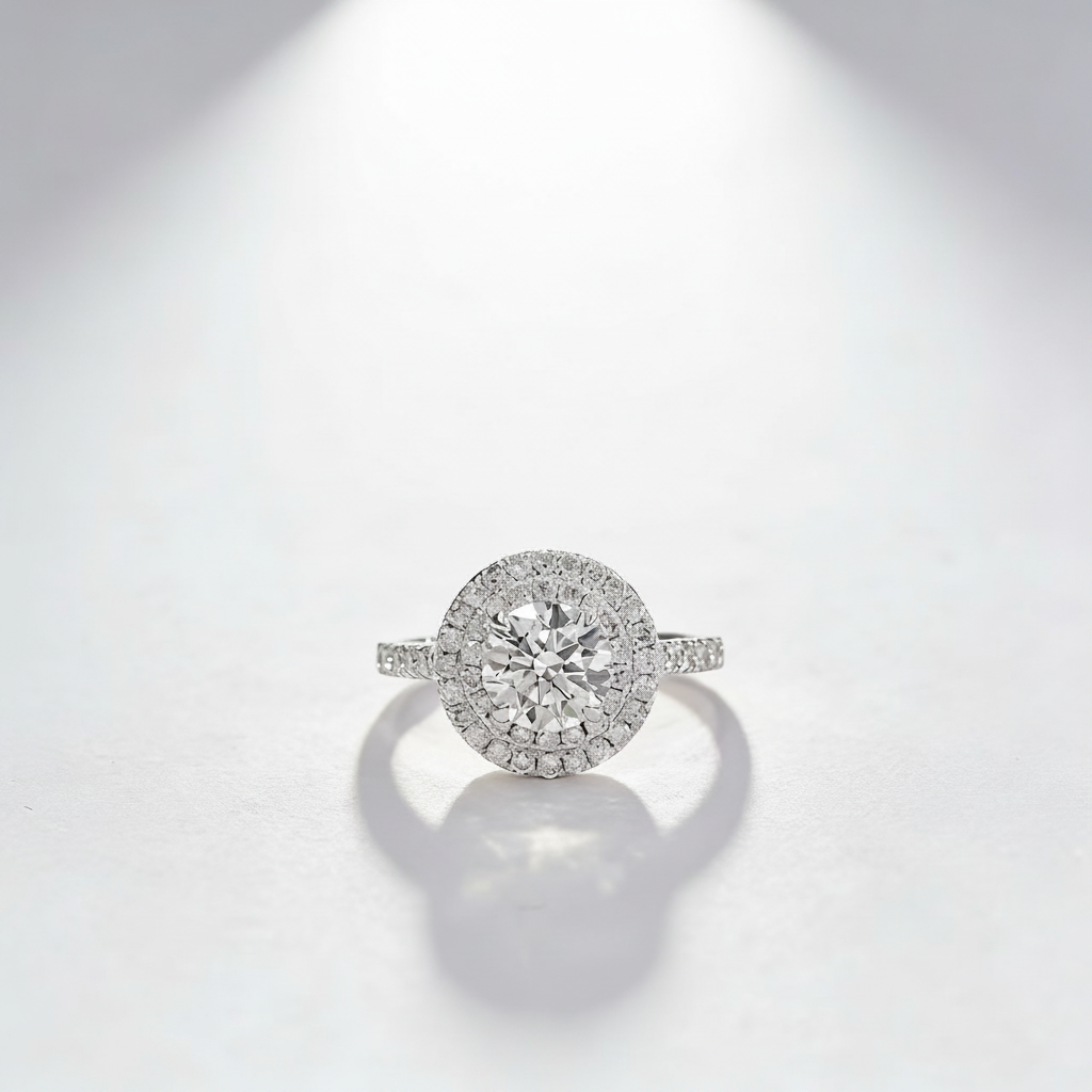 18K White Gold Lab-Grown Diamond Double Halo Ring - Front View