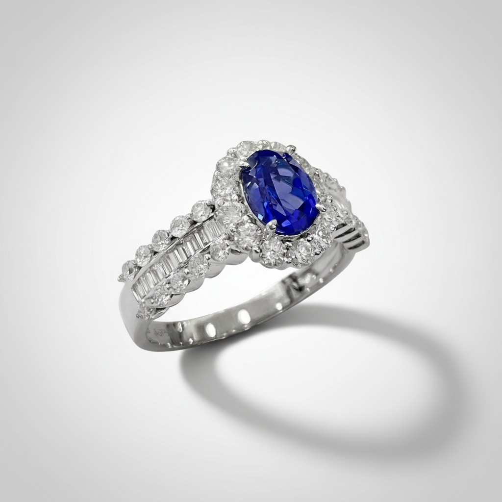 18K White Gold Lab-Grown Sapphire Halo Ring - 45 degree view