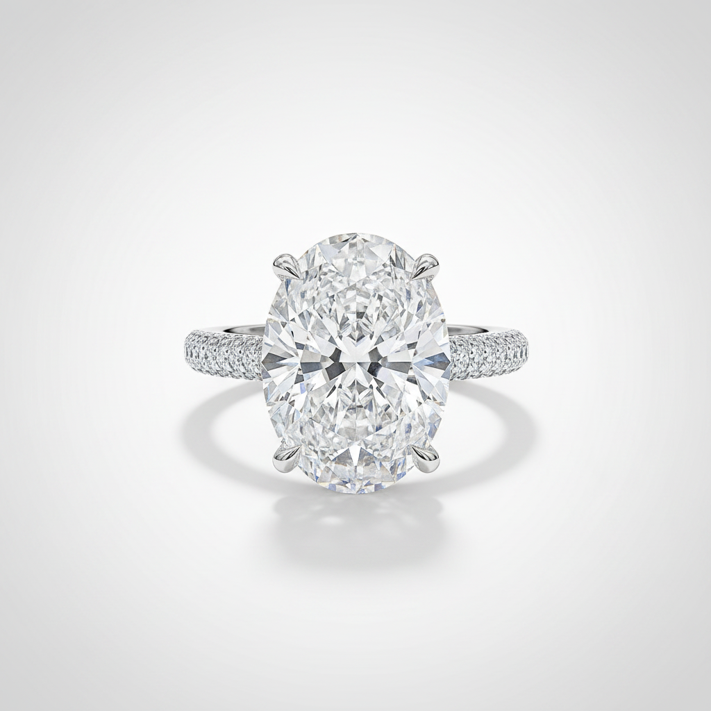 18K White Gold IGI Lab-Grown Oval Diamond Pavé Ring 5.05ct - front view
