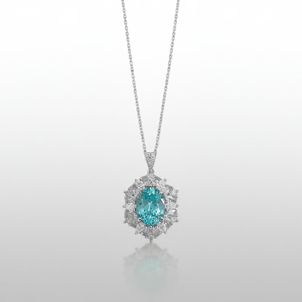 PT950 Lab-Grown Paraiba Tourmaline Sunburst Diamond Halo Necklace - Front Hanging View