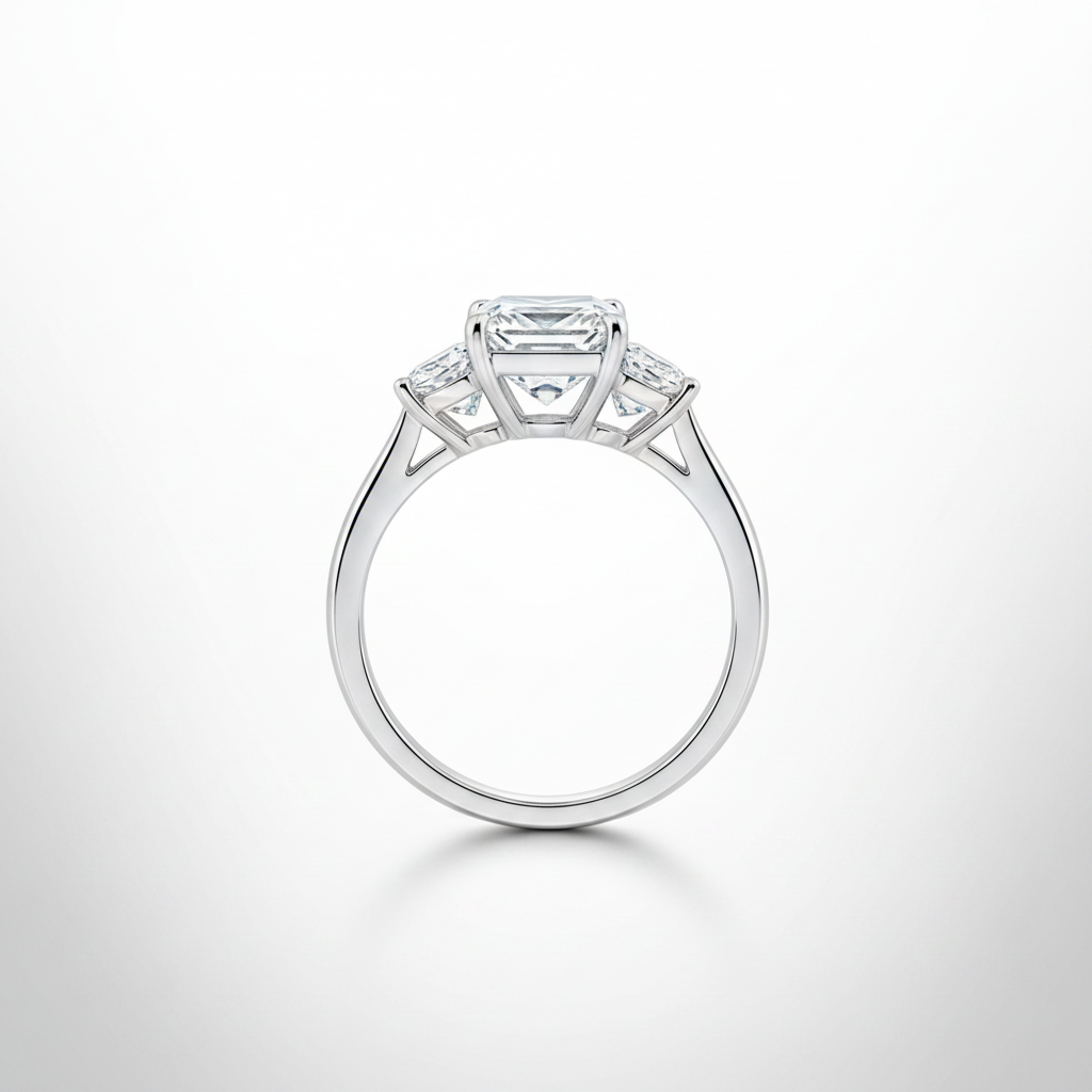 18K White Gold IGI Lab-Grown Diamond Asscher Three-Stone Ring - side view