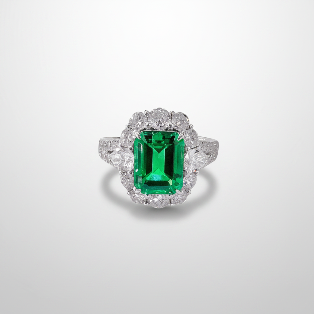 18K White Gold Lab-Grown Emerald Diamond Halo Y-Band Ring - Top View