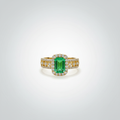 18K Yellow Gold Lab-Grown Emerald Vintage Filigree Halo Ring - front view