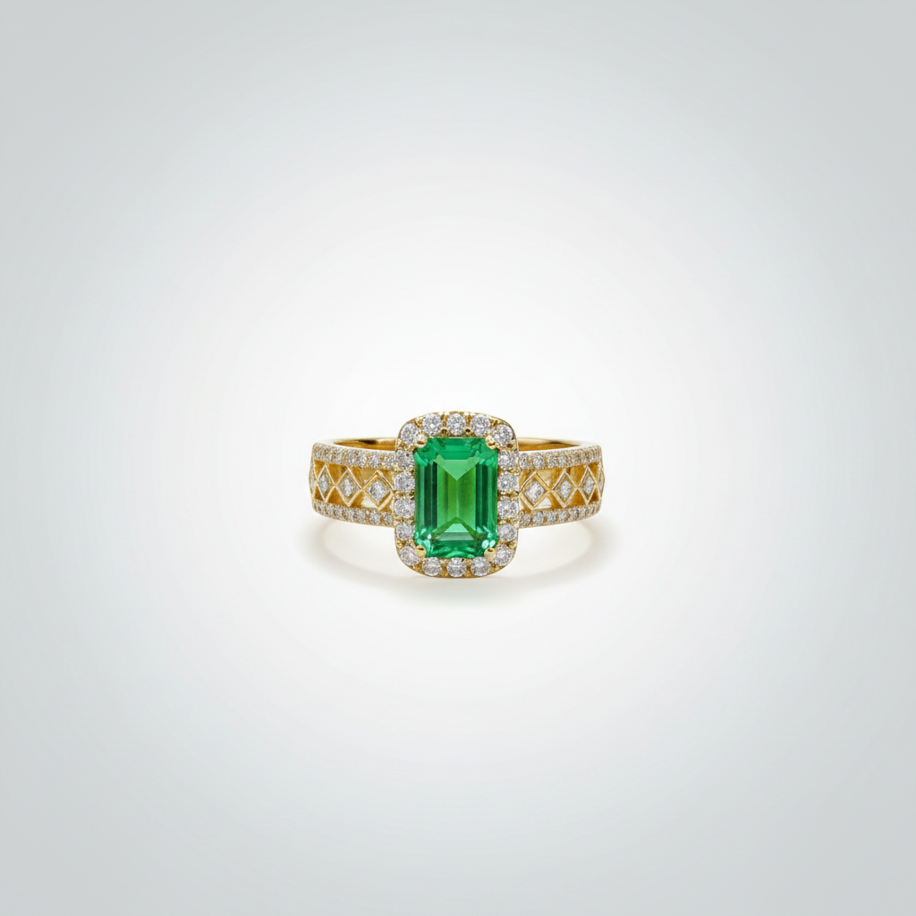 18K Yellow Gold Lab-Grown Emerald Vintage Filigree Halo Ring - front view