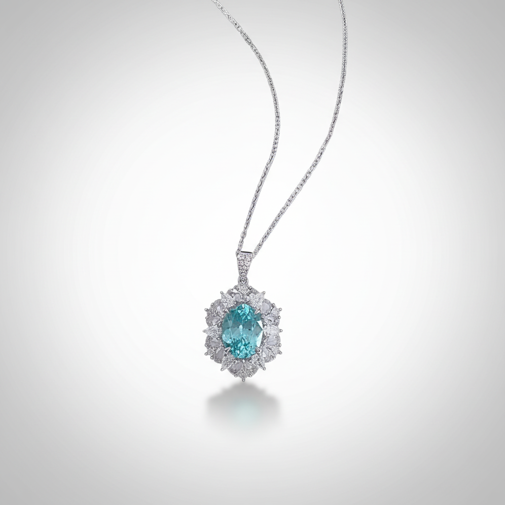 PT950 Lab-Grown Paraiba Tourmaline Sunburst Diamond Halo Necklace - Diagonal Hanging View