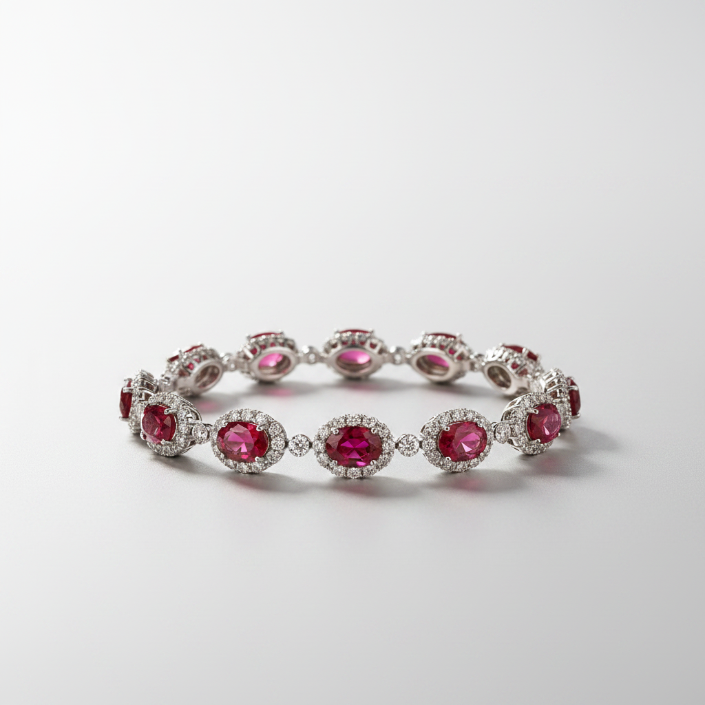 PT950 Lab-Grown Ruby Diamond Oval Halo Bubble Tennis Bracelet - side view