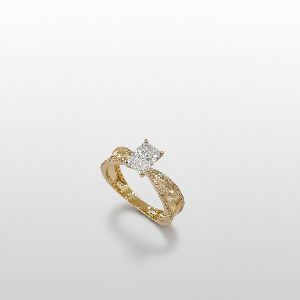 18K Yellow Gold Lab-Grown Diamond Radiant Cut Brushed Vintage Ring - Elevated Angle View